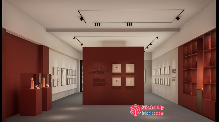 Minimalist Art Gallery Interior With Red And White Decor 3D SketchUp File