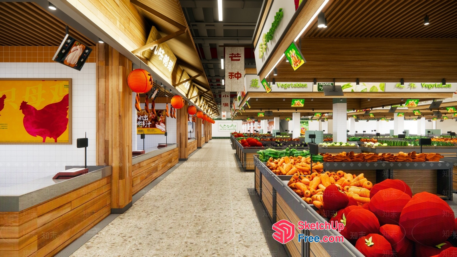 Modern Supermarket With Vibrant Produce And Traditional Chinese Elements 3D SketchUp File