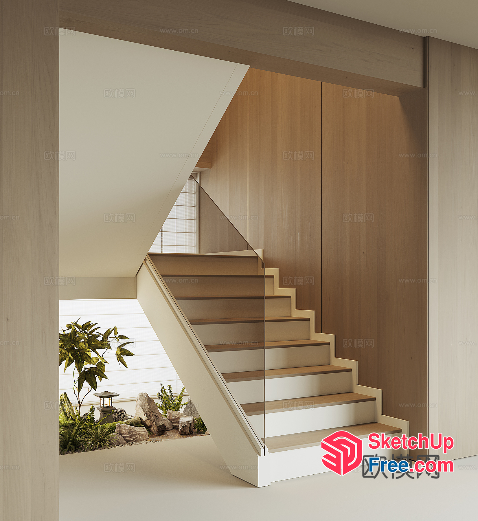 Elegant Staircase With Natural Light And Plants 3D SketchUp File