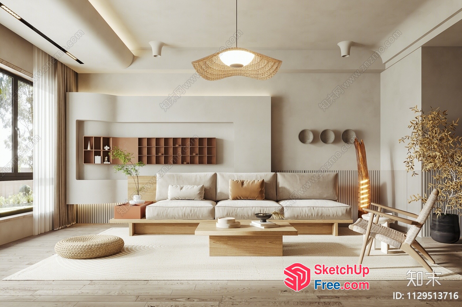 Minimalist Japanese Style Living Room With Natural Wood Accents 3D SketchUp File