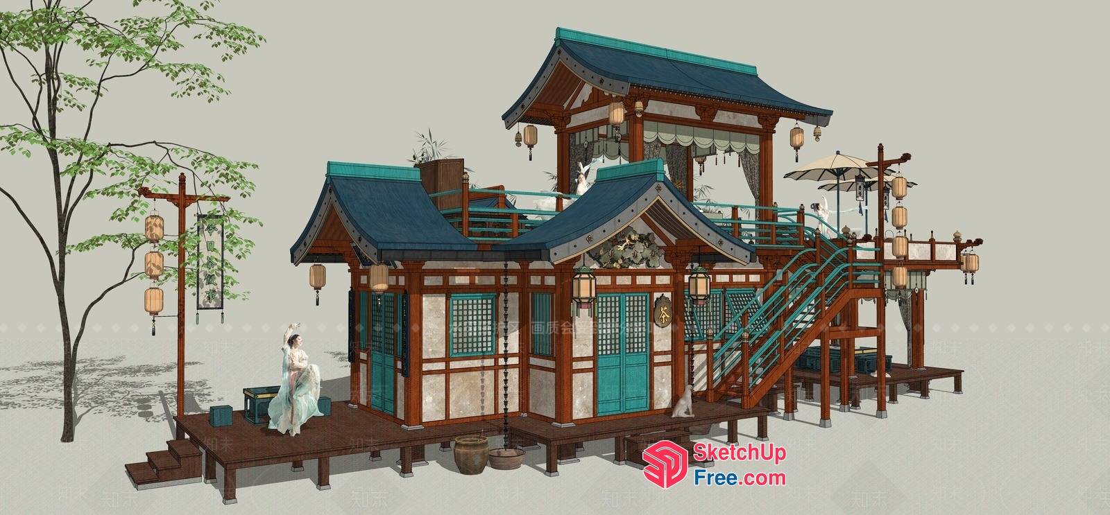 Traditional Asian House With Stairs And Lanterns 3D SketchUp File