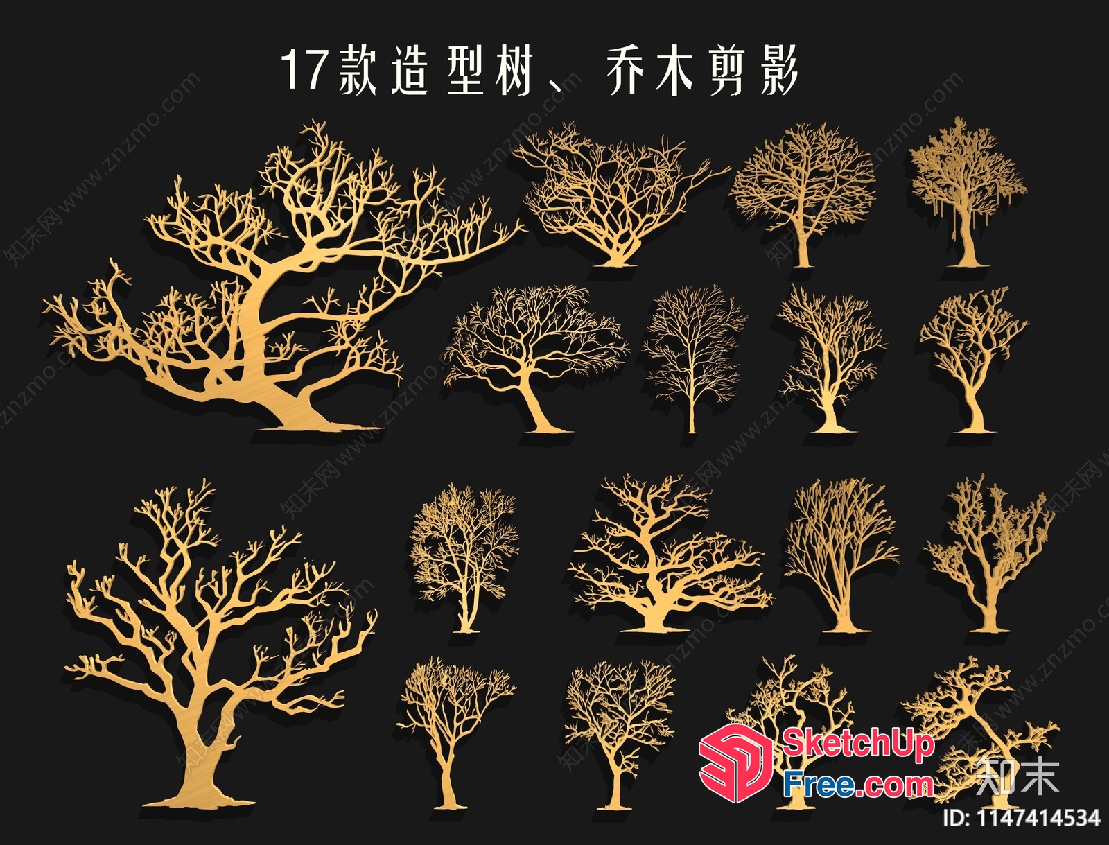 Golden Trees On Black Background 3D SketchUp File