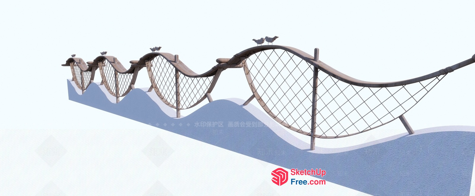 Elegant Wooden Railing With Birds And Net 3D SketchUp File