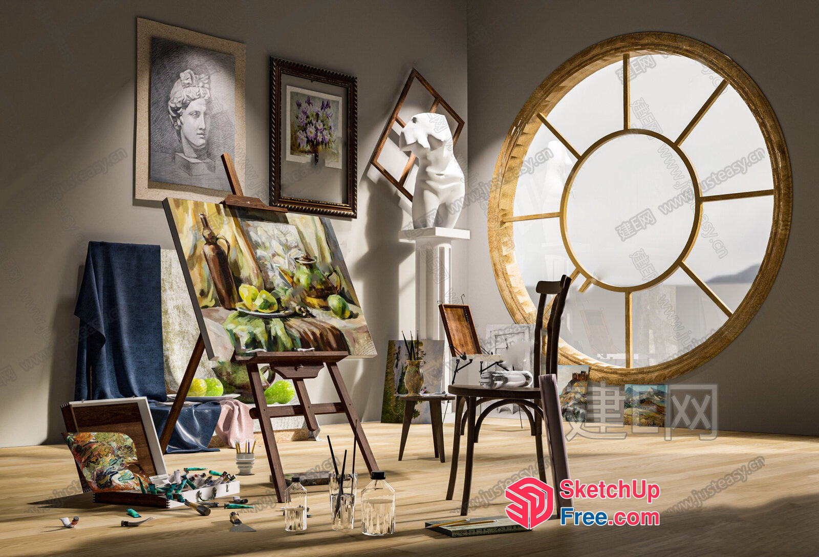 Art Studio With Paintings And Sculptures 3D SketchUp File