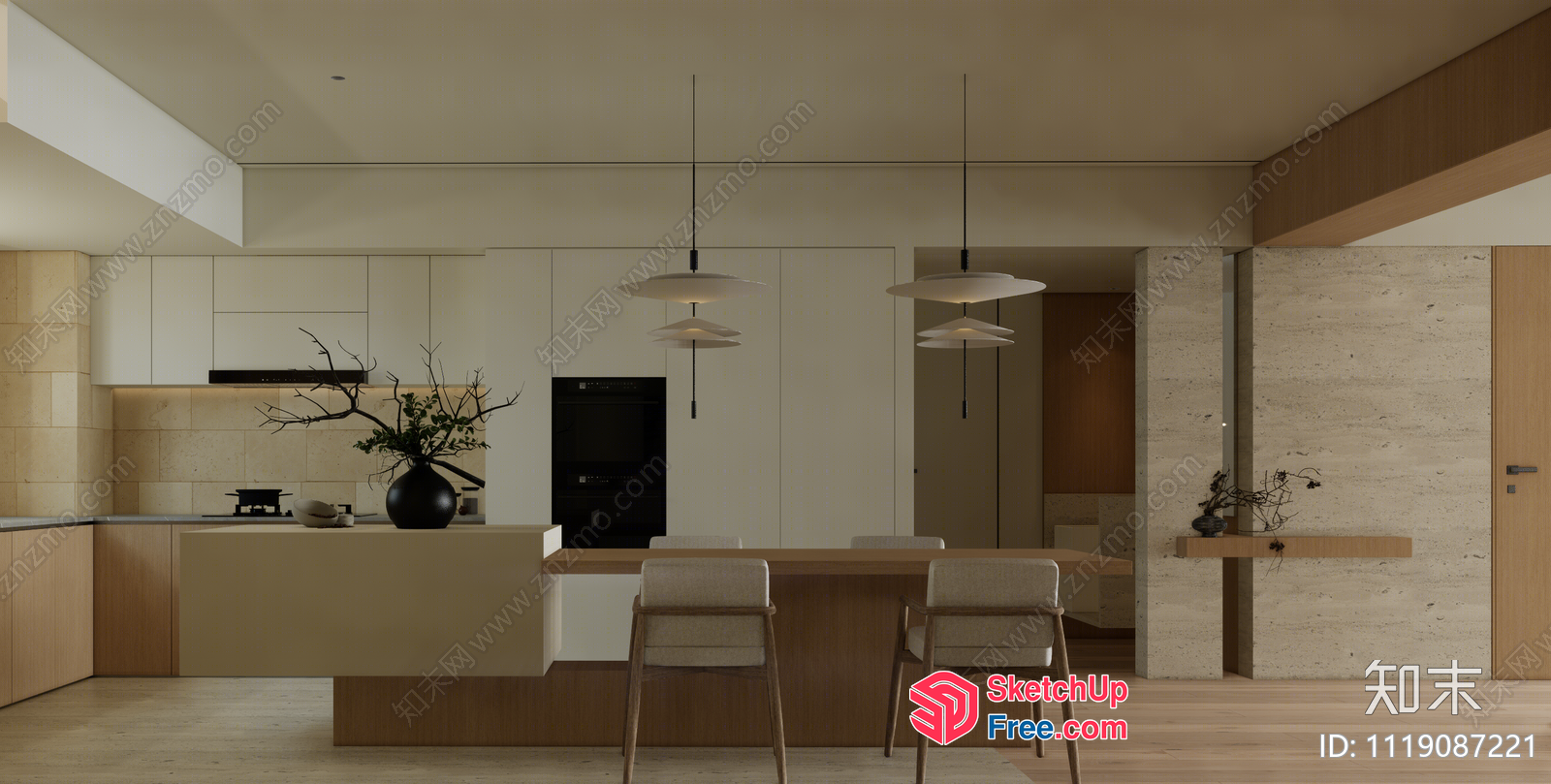 Elegant Minimalist Japanese-Style Kitchen And Dining Room Interior 3D SketchUp File