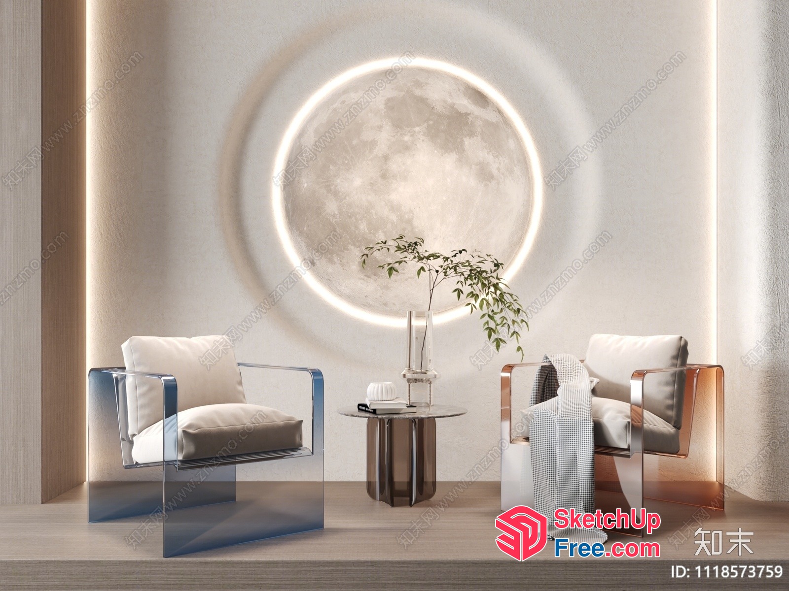 Elegant Modern Minimalist Moonlit Living Room Scene 3D SketchUp File