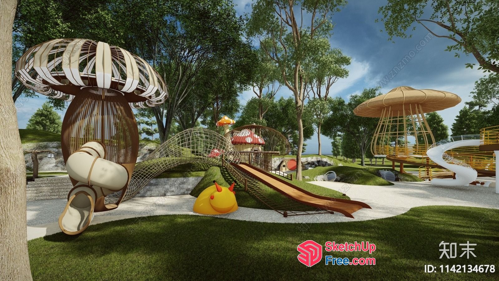 Vibrant Play Area With Mushroom-Shaped Play Equipment 3D SketchUp File