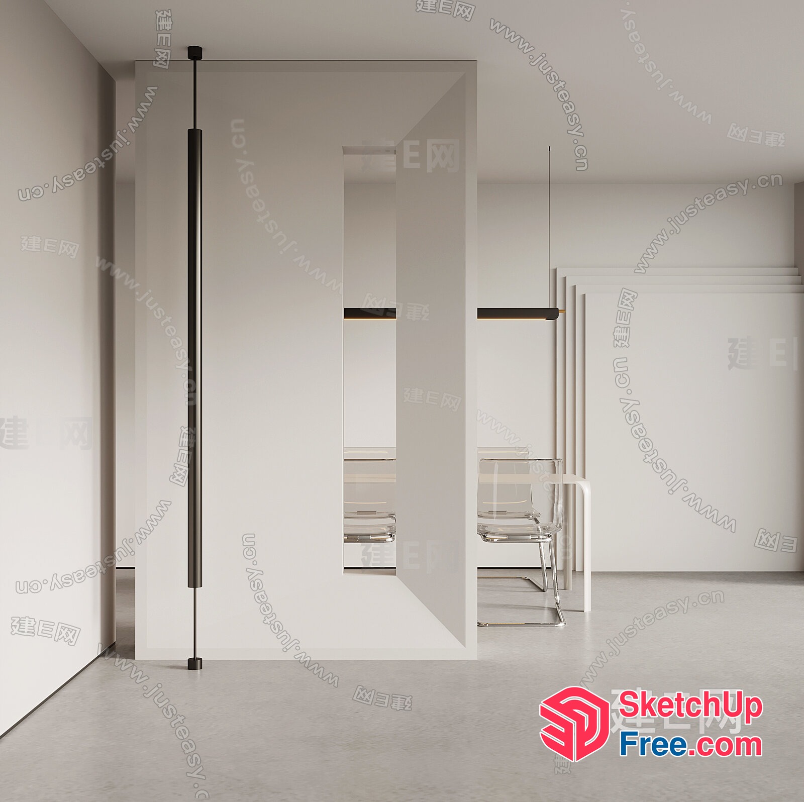 Modern Minimalist White Interior Space With Sleek Pillars 3D SketchUp File