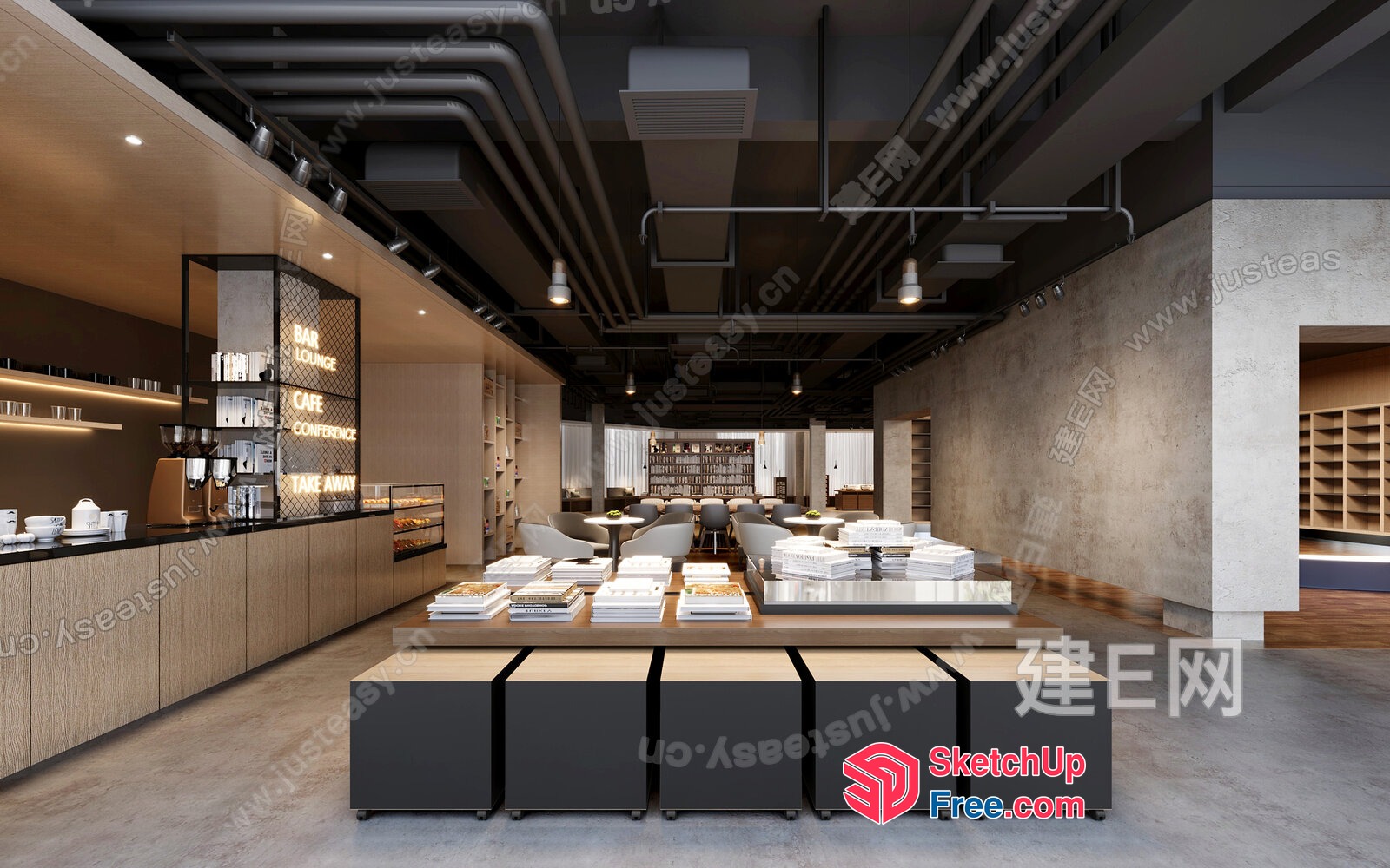 Modern Minimalist Industrial Cafe Interior 3D SketchUp File