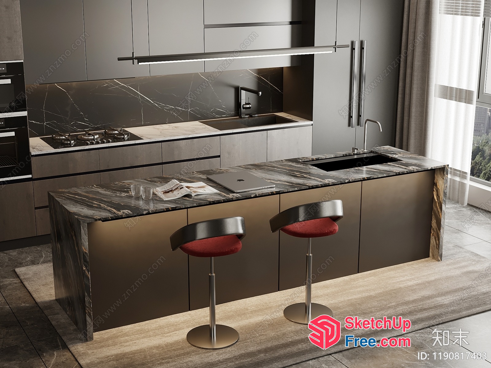 Modern Kitchen With Sleek Bar Stools And Granite Countertops 3D SketchUp File