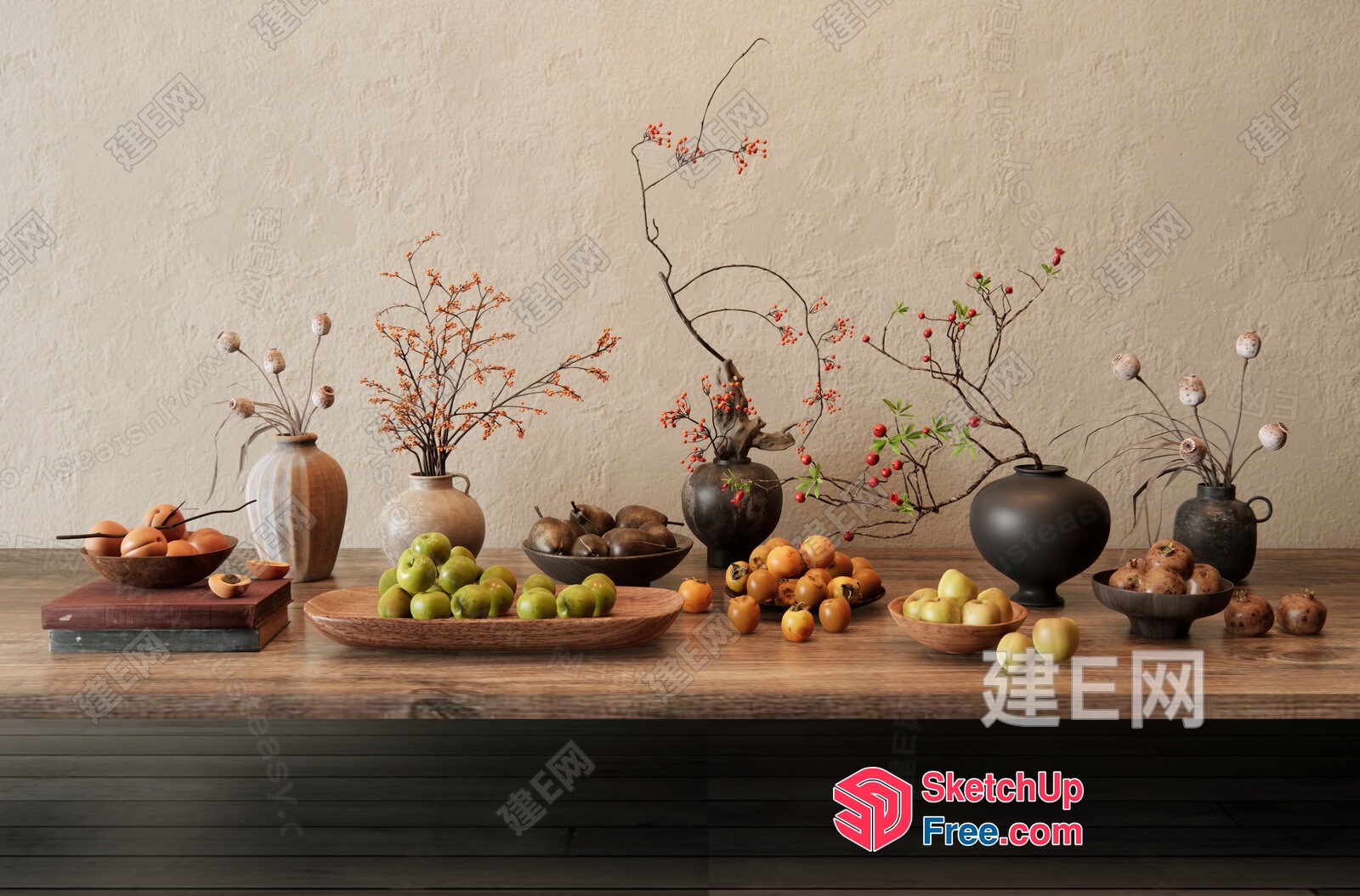 Asian-Inspired Still Life With Fruit And Vases 3D SketchUp File