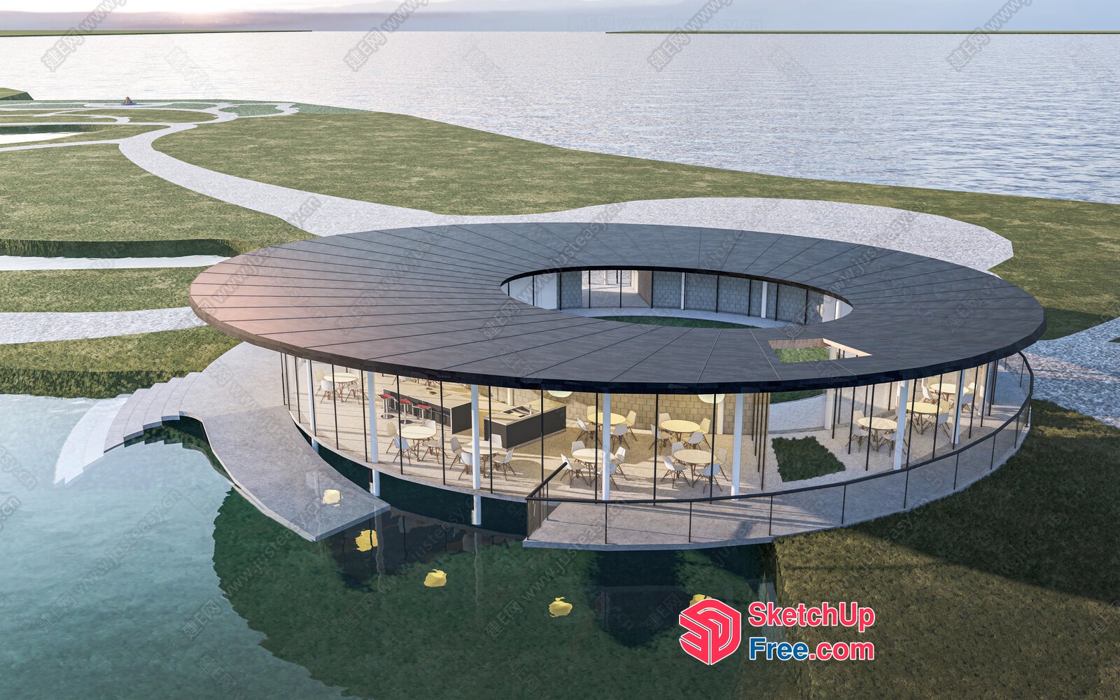 Modern Glass And Steel Villa With Circular Design And Water Views 3D SketchUp File