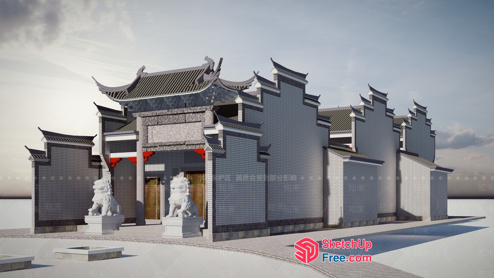 Traditional Chinese Building With Carved Roof And Pillars 3D SketchUp File