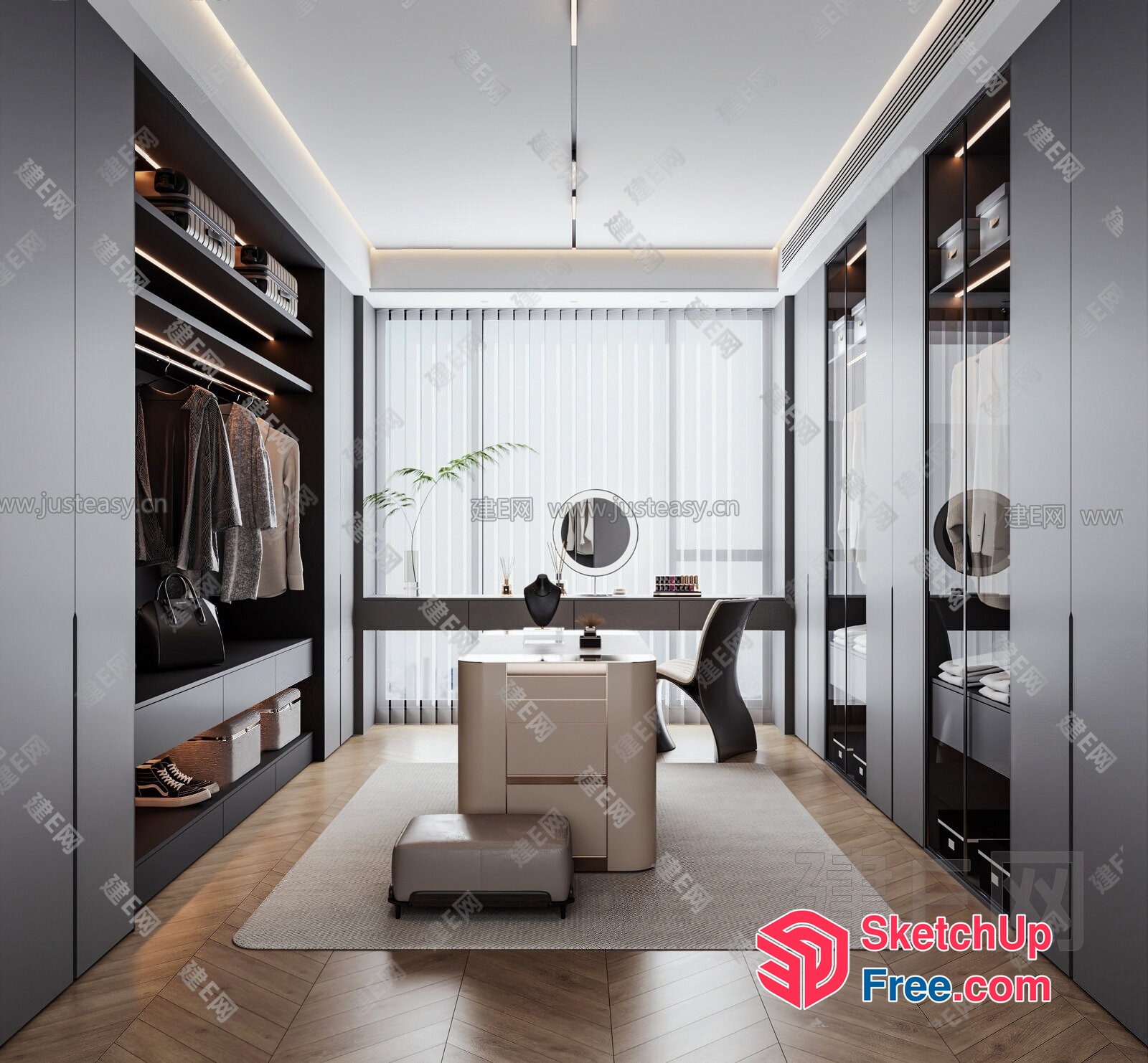 Modern Minimalist Walk-In Closet With Dressing Table And Wardrobe 3D SketchUp File