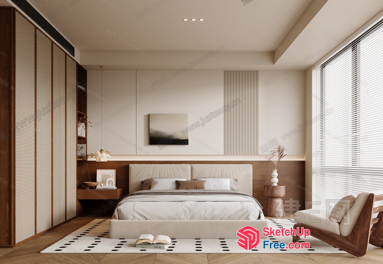 Minimalist Japanese Style Bedroom With Creamy And Wood Accents 3D SketchUp File