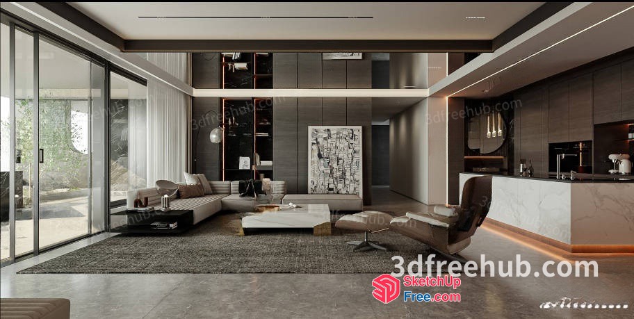 Modern Living Room With Sleek Furniture And Large Windows 3D SketchUp File