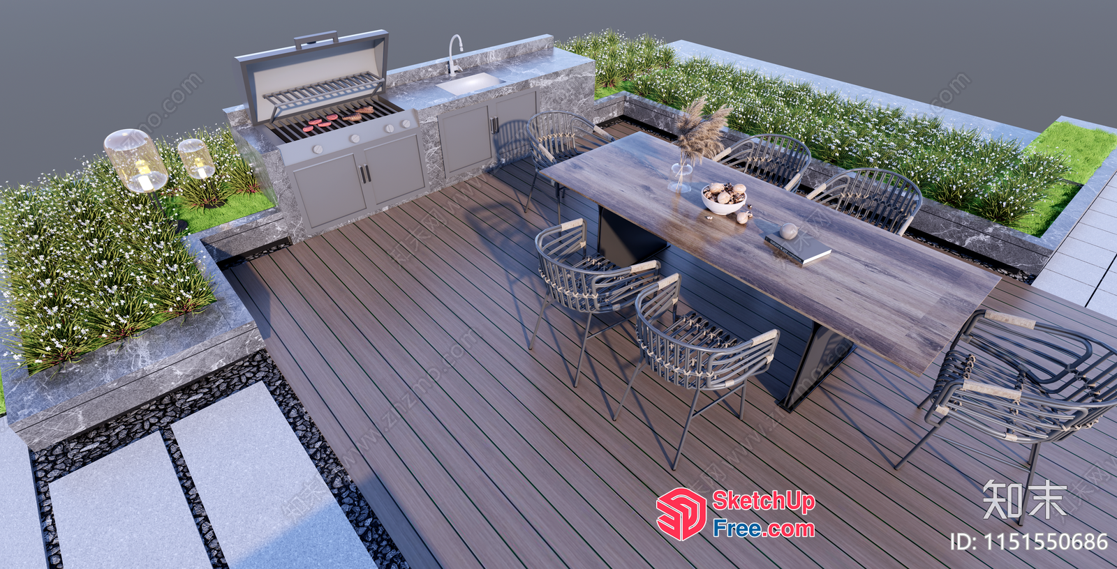 Modern Outdoor Barbecue Area With Wooden Deck 3D SketchUp File