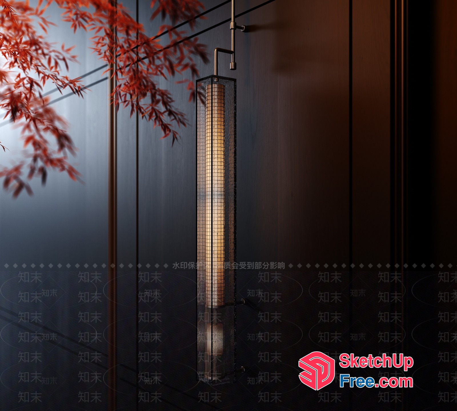 Hanging Light Fixture With Japanese-Style Design And Red Leaves 3D SketchUp File