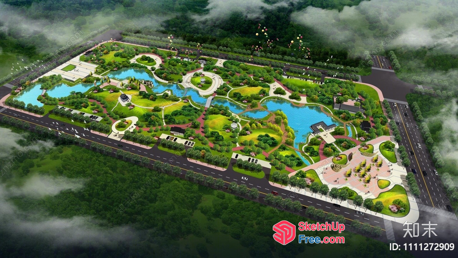 Aerial View Of A Park With Lakes And Roads 3D SketchUp File