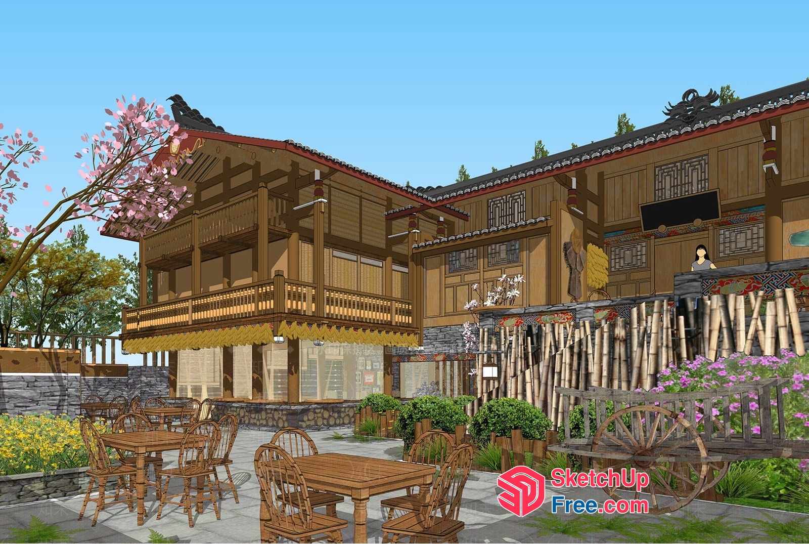 Traditional Japanese-Inspired Exterior With Balcony And Stairs 3D SketchUp File