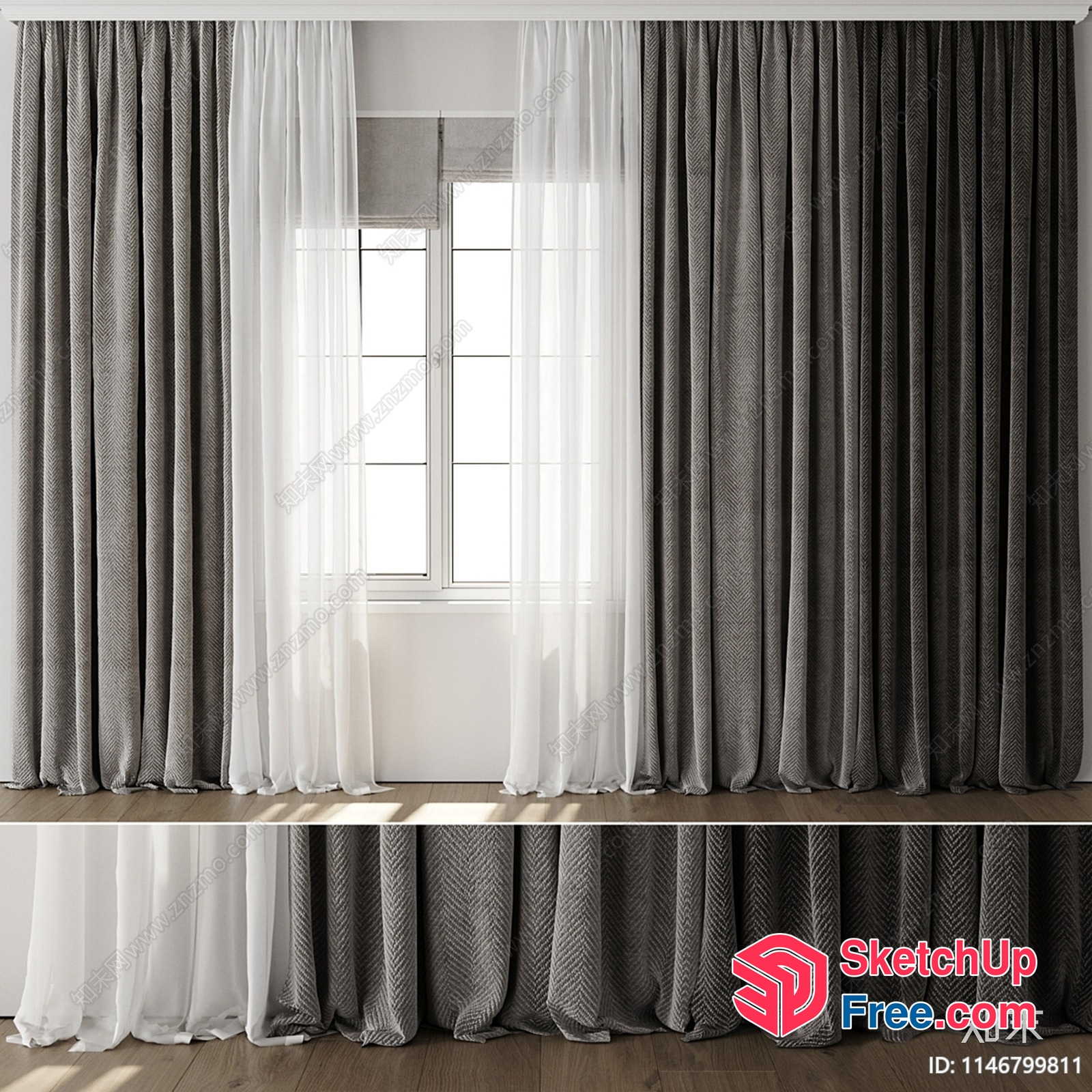 Interior Curtain With Sheer Panels And Wooden Floor 3D SketchUp File