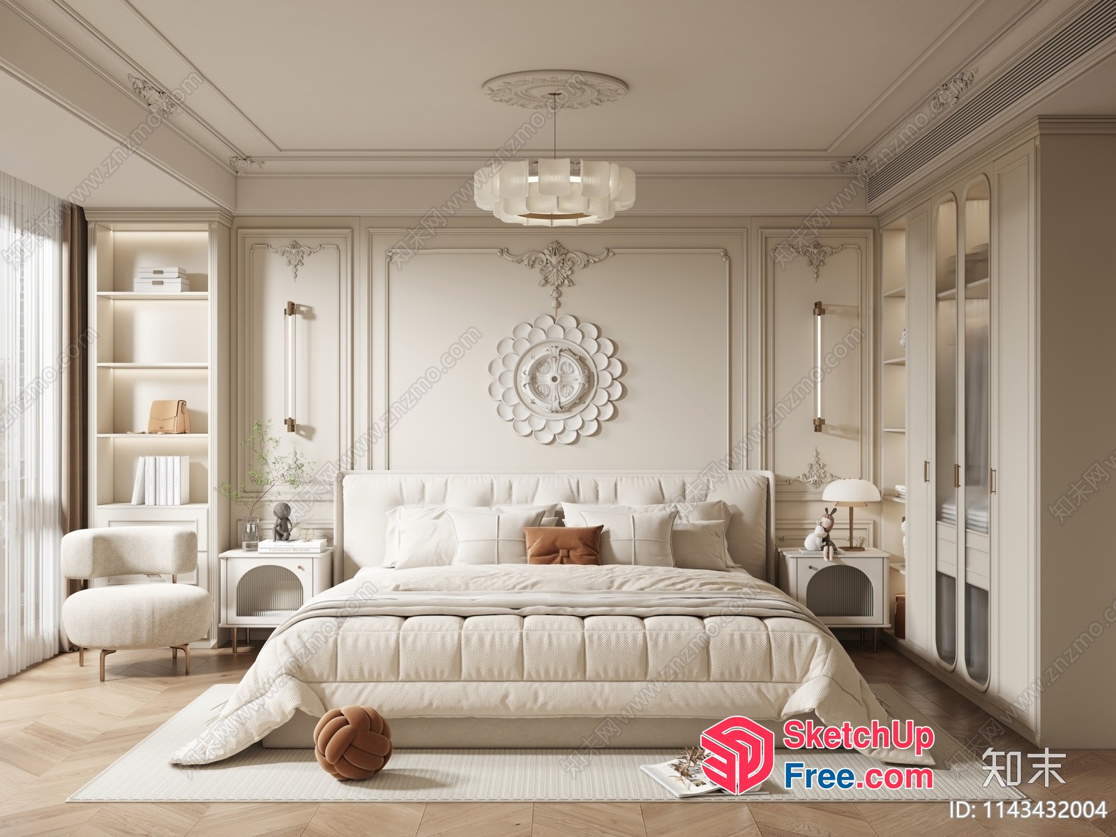 Elegant Creamy Style Bedroom With Ornate Pillars 3D SketchUp File