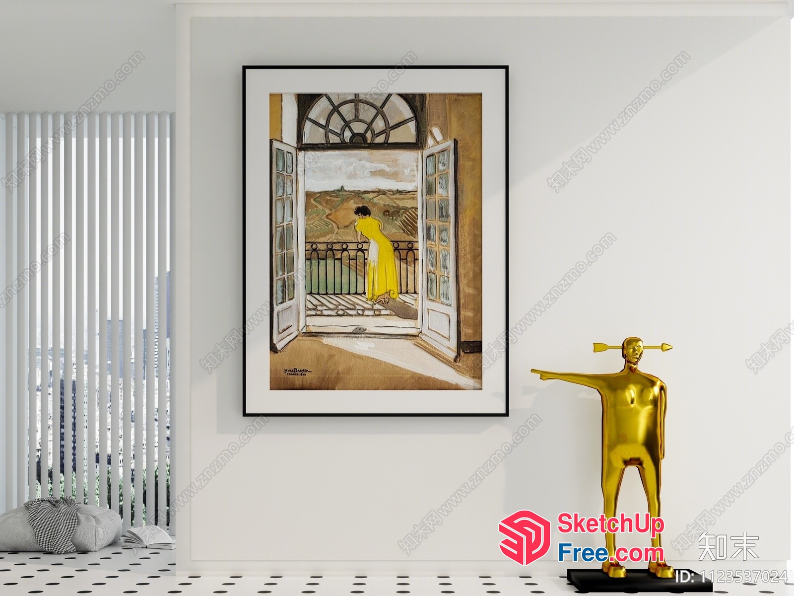 A Woman In A Yellow Dress Gazing Out At A Scenic View From A Balcony 3D SketchUp File