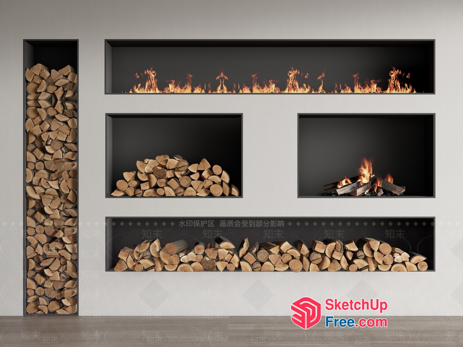 Modern Fireplace Wood Storage Wall 3D SketchUp File