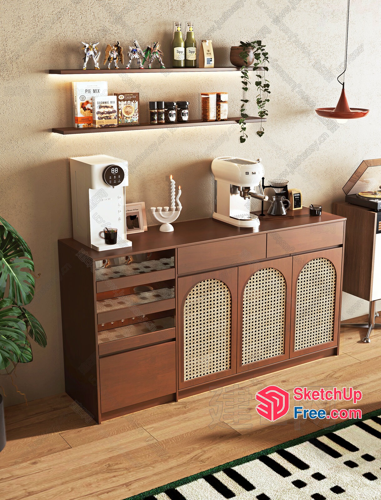 Elegant Mid-Century Modern Coffee Station With Rattan Accents 3D SketchUp File