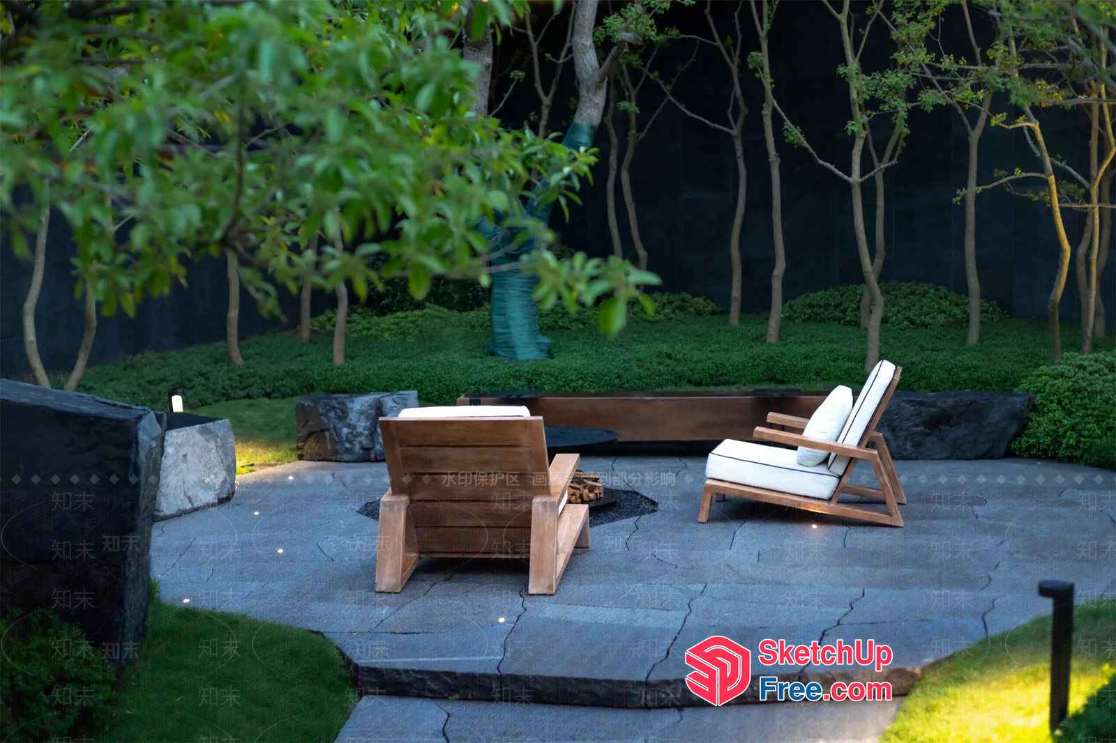 Cozy Outdoor Seating Area With Fire Pit And Wooden Furniture 3D SketchUp File