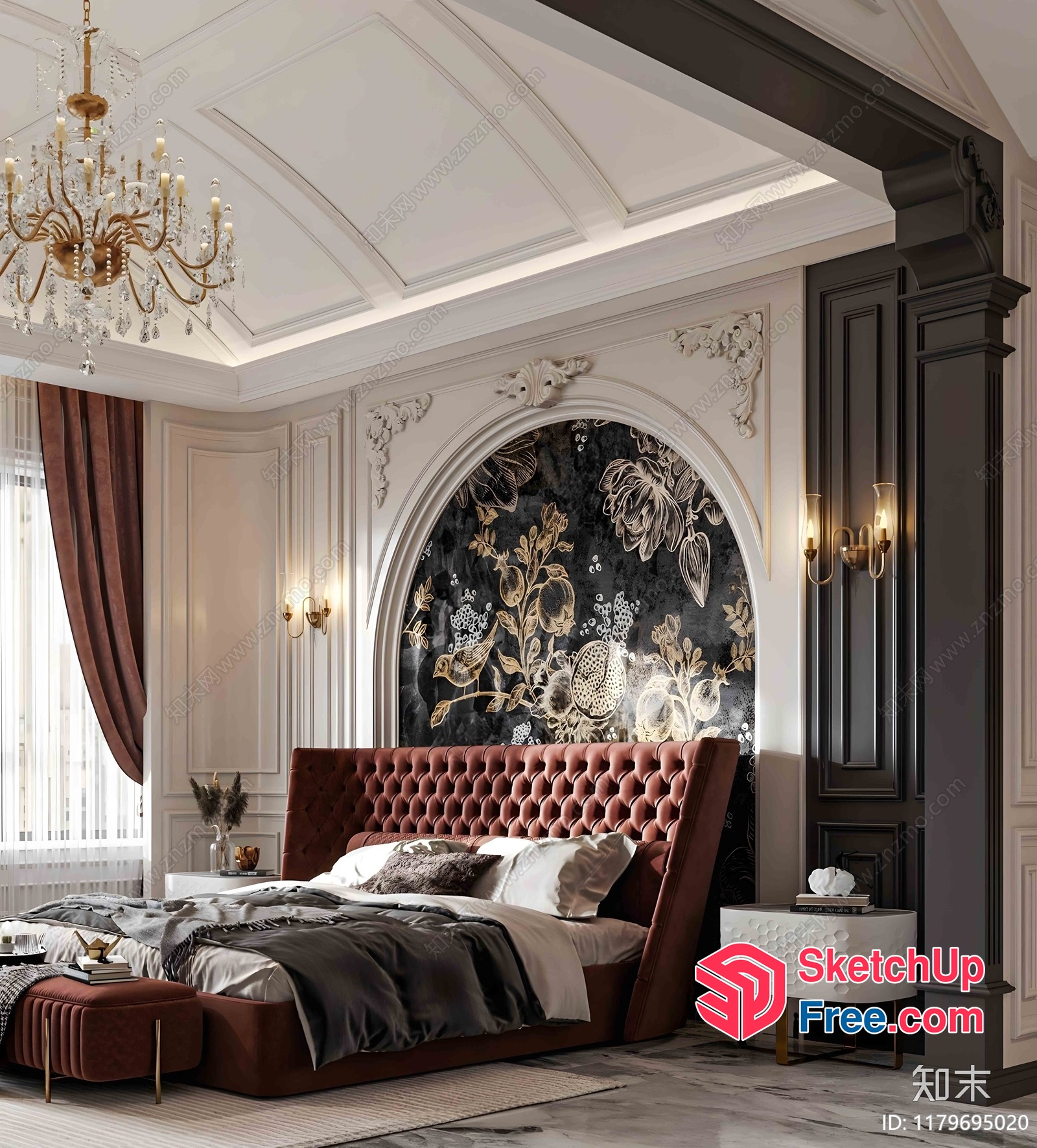 Ornate Bedroom With Arched Wall And Tufted Bed 3D SketchUp File