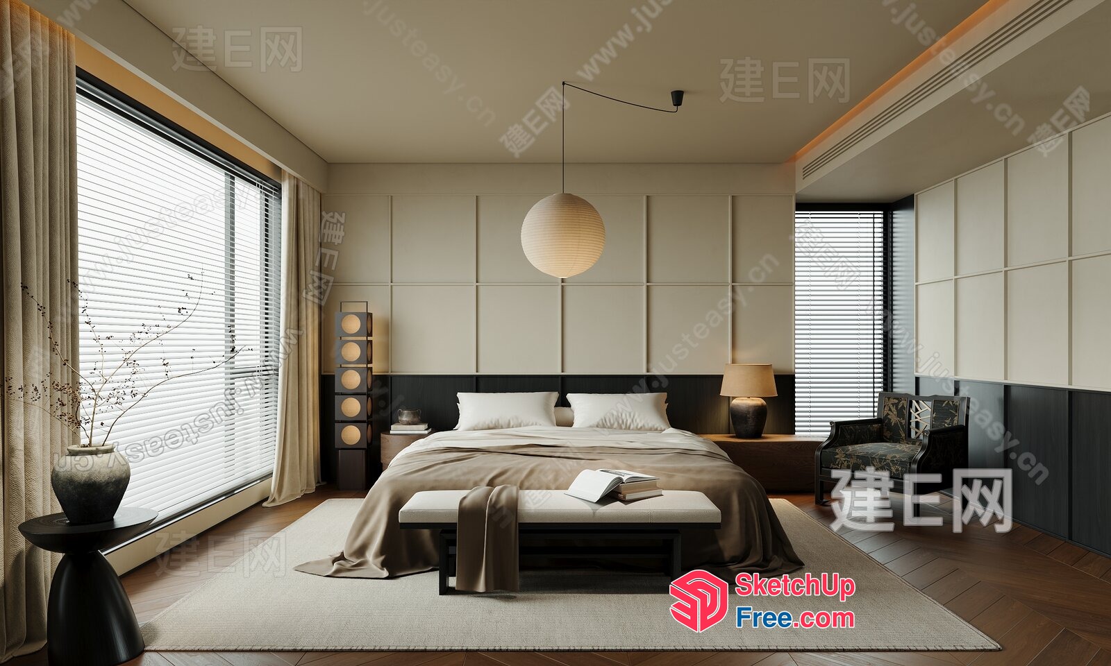 Modern Minimalist Japanese-Style Bedroom Interior 3D SketchUp File