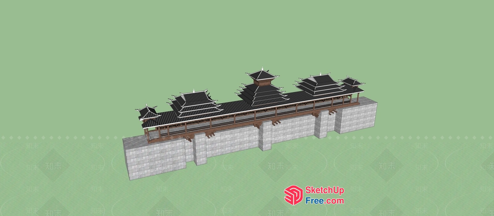 Traditional Asian Architecture With Tiled Roof 3D SketchUp File