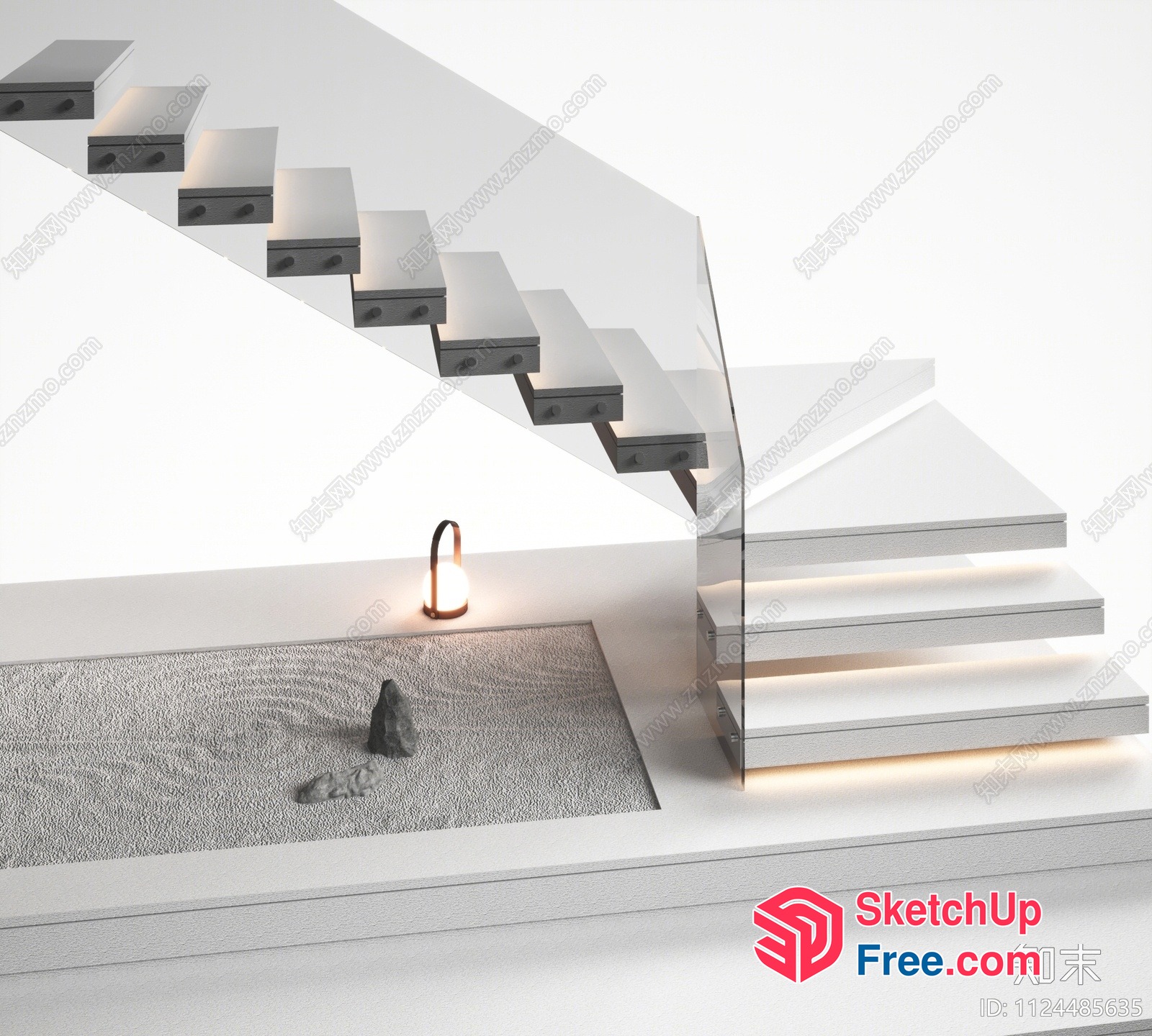 Modern Glass Staircase With Zen Garden 3D SketchUp File