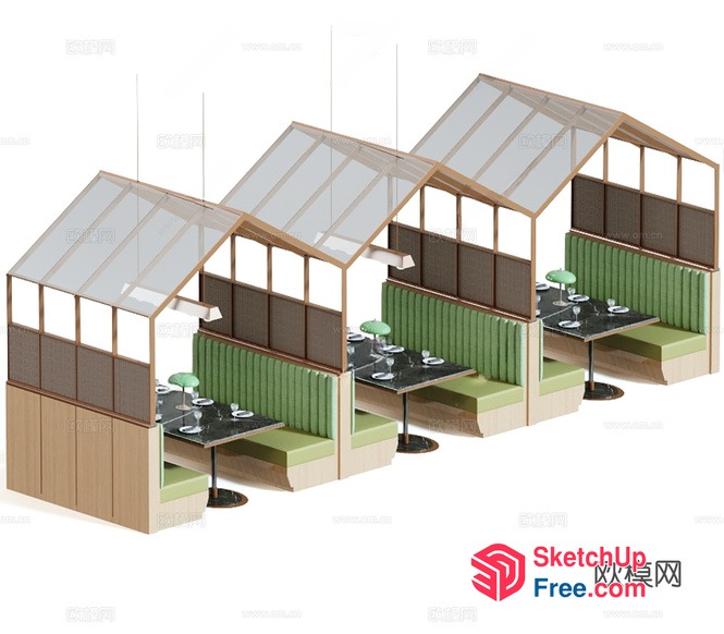Modern Japanese-Style Restaurant Booths With Green And Wood Accents 3D SketchUp File