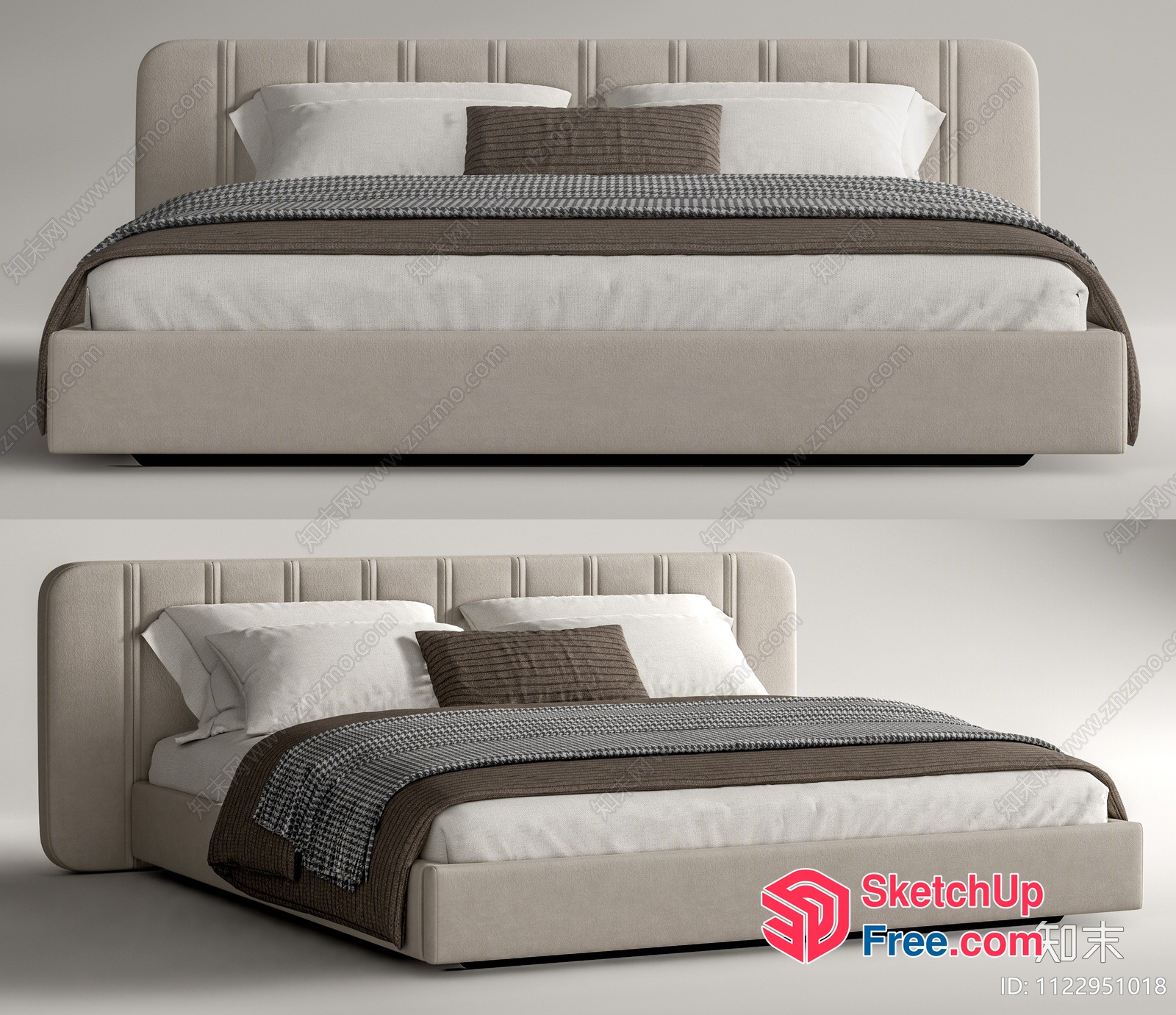 Modern Beige Bed With Pillows And Blanket 3D SketchUp File