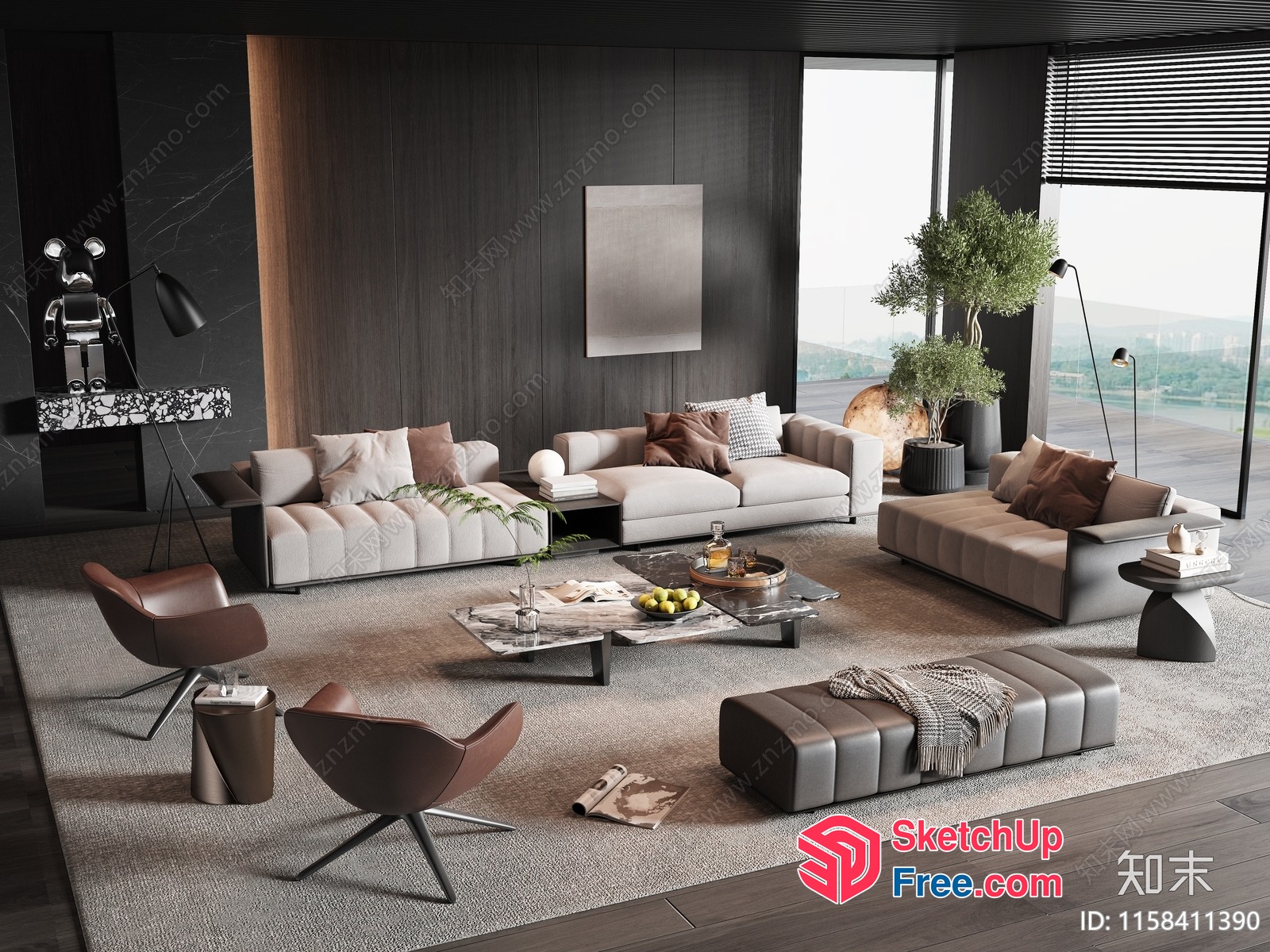 Modern Minimalist Living Room With Large Windows 3D SketchUp File