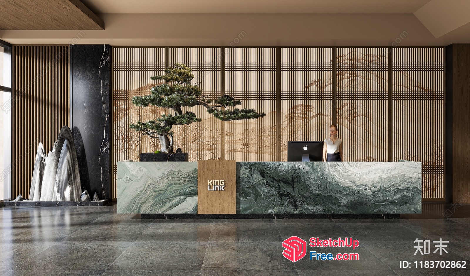 Marble Reception Desk With Bonsai Tree 3D SketchUp File