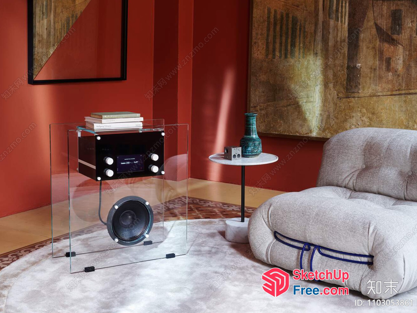 Modern Living Room With Red Walls And Minimalist Furniture 3D SketchUp File