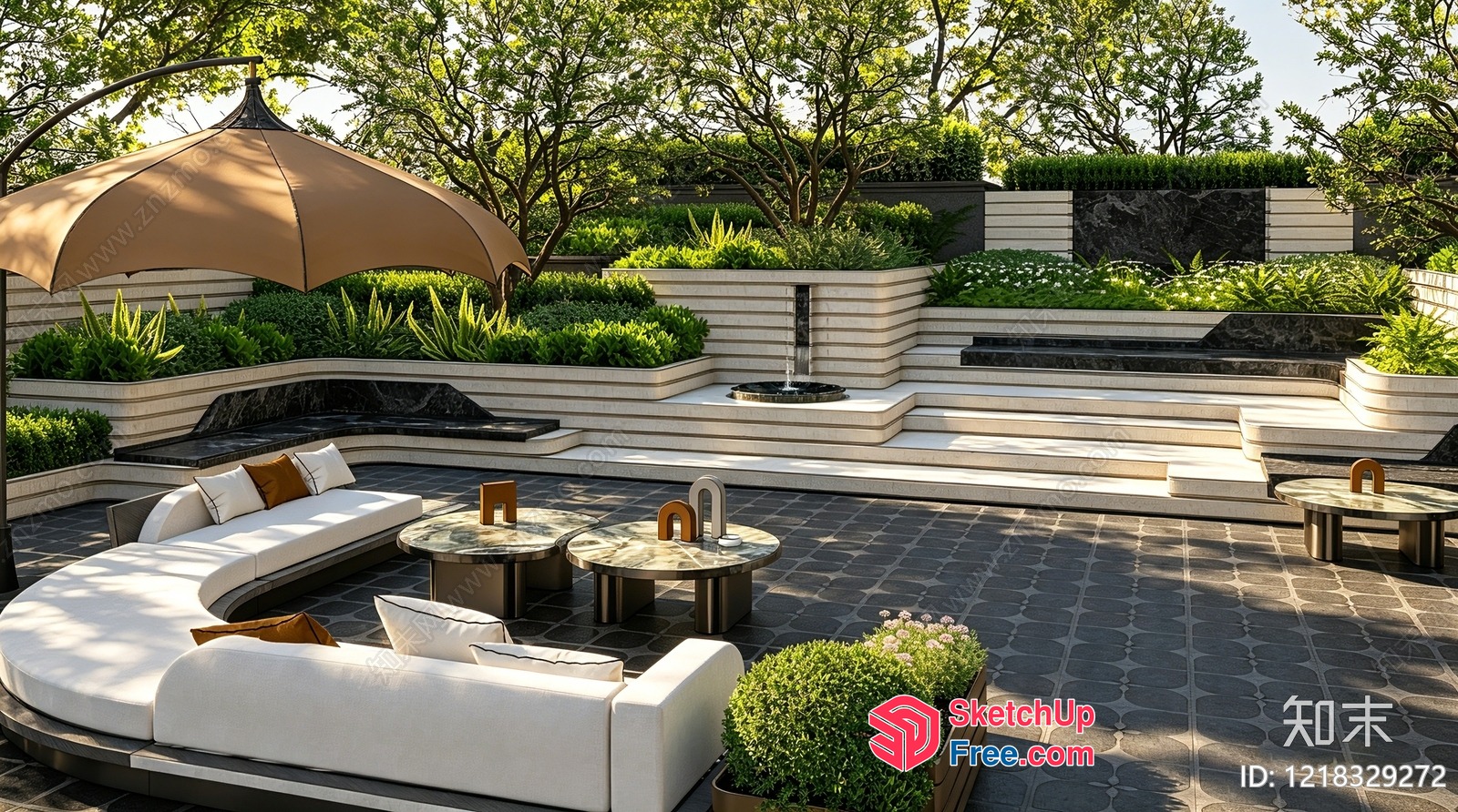 Outdoor Seating Area With Modern Furniture And Water Feature 3D SketchUp File