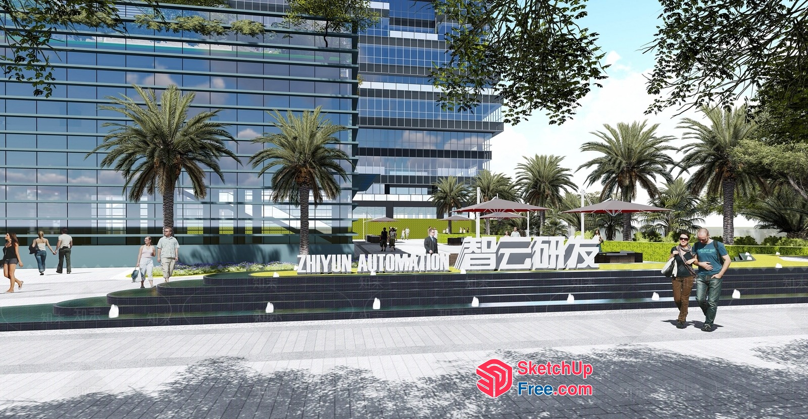 Modern Glass Curtain Wall Building With Palm Trees 3D SketchUp File