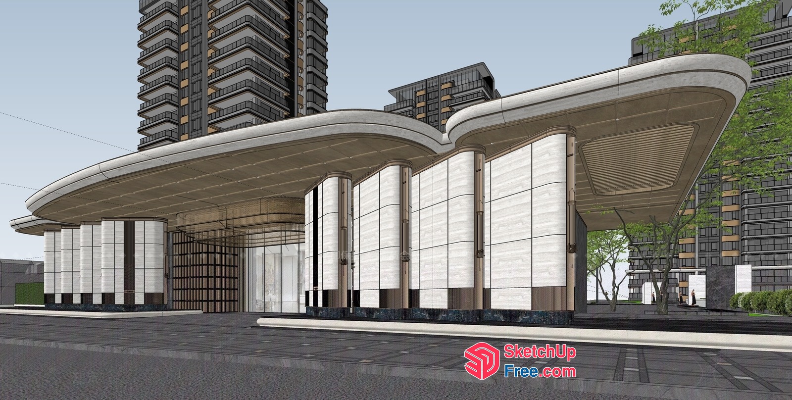Modern Building Exterior With Curved Roof And Pillars 3D SketchUp File