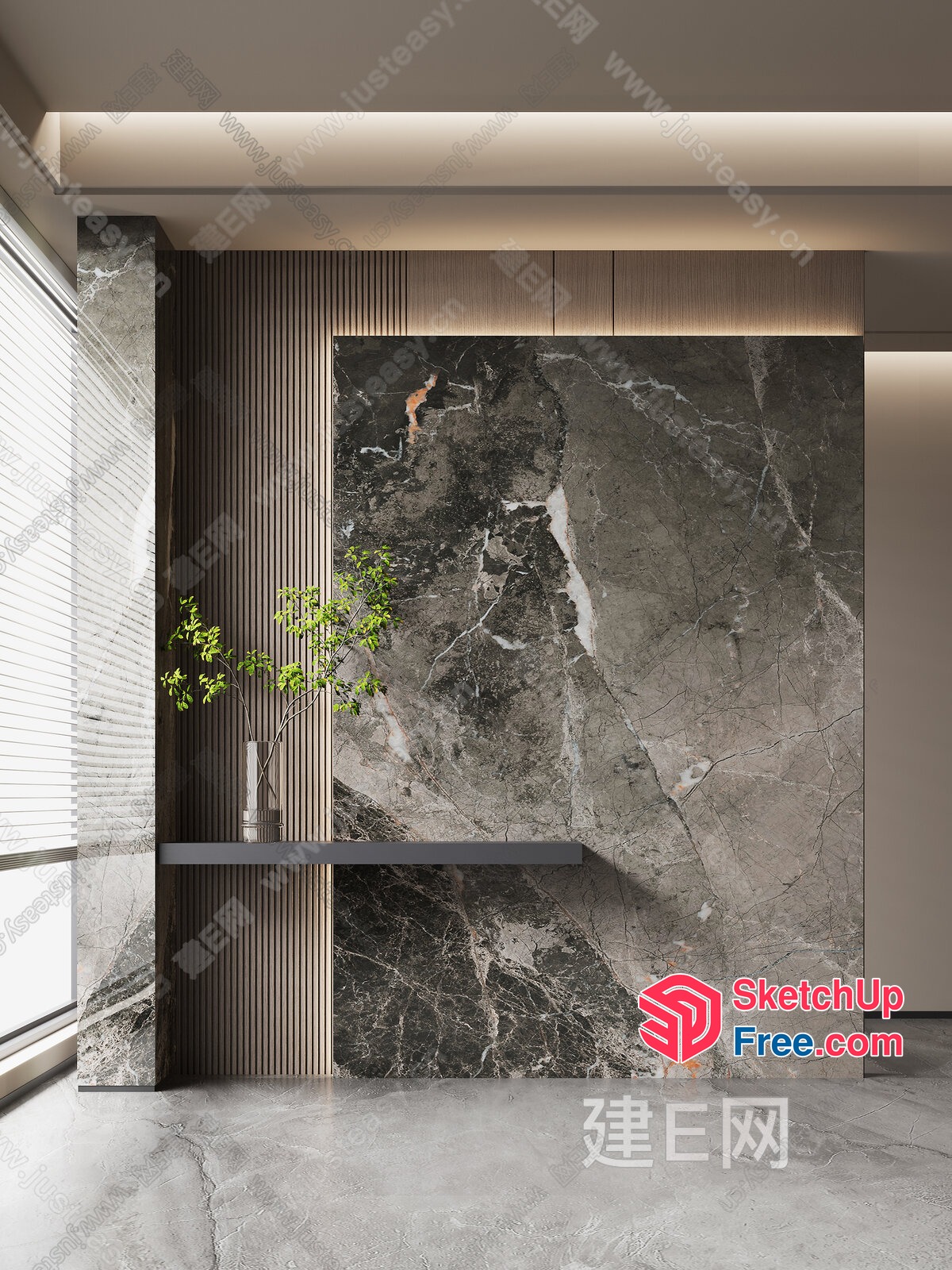 Marble And Wood Accent Wall With Shelf 3D SketchUp File