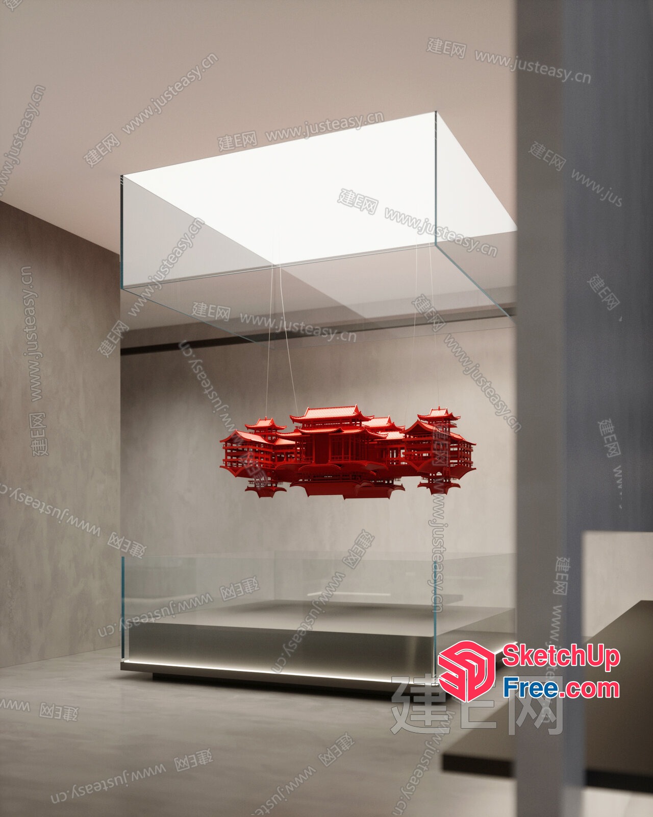 Red Temple Floating In Glass Case 3D SketchUp File