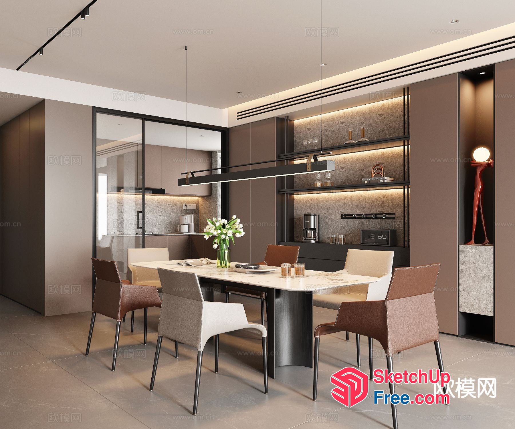 Modern Dining Room With White Table And Brown Chairs 3D SketchUp File