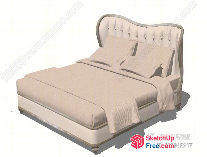 Elegant Creamy Style Bed With Headboard And Bedside Tables 3D SketchUp File