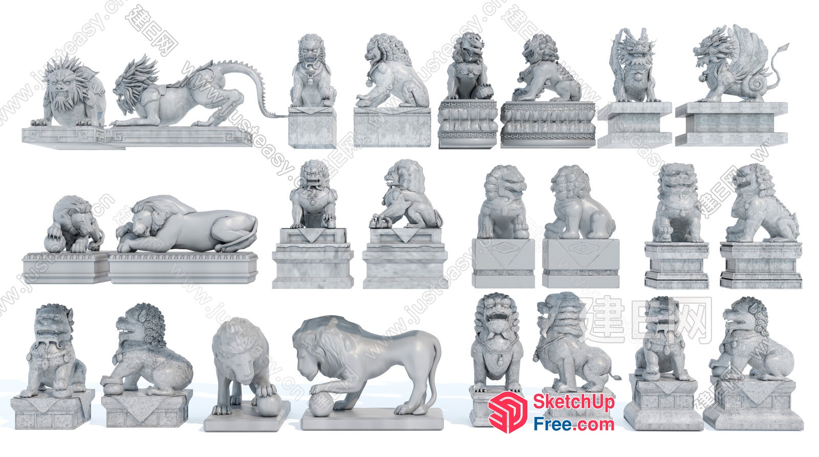 Ancient Stone Lion Statues 3D SketchUp File