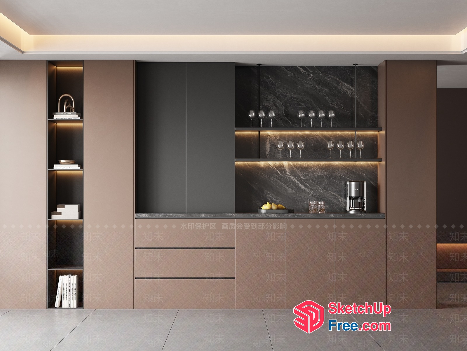 Modern Kitchen Interior With Marble Countertops And Wine Glass Shelves 3D SketchUp File