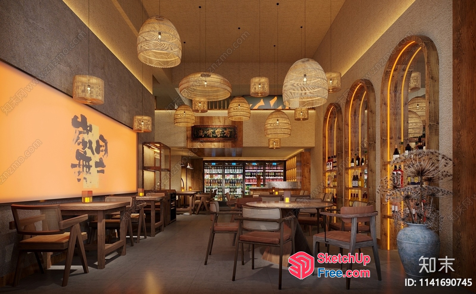 Modern Asian-Inspired Restaurant Interior With Natural Wood Accents 3D SketchUp File