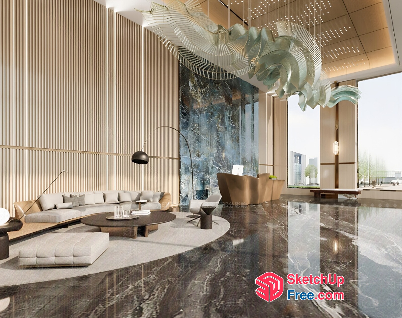 Modern Luxury Hotel Lobby With Elegant Glass Chandelier 3D SketchUp File